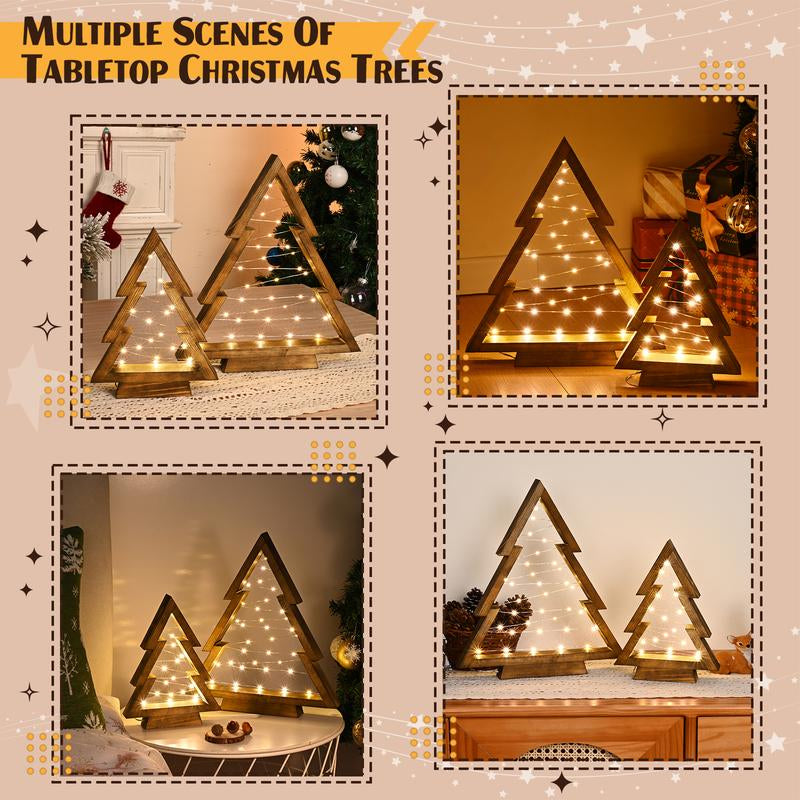 Modern Farmhouse Wooden Christmas Tree Set of 2 with Lights for Tabletop Mantel & Shelf Bedroom Decor Perfect Gift