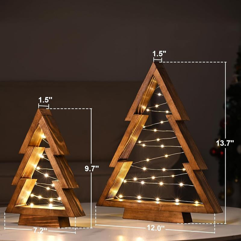 Modern Farmhouse Wooden Christmas Tree Set of 2 with Lights for Tabletop Mantel & Shelf Bedroom Decor Perfect Gift