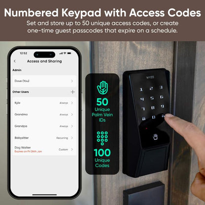 Wyze Palm Lock — Wi-Fi Palm Recognition Smart Lock for Front Door, Keyless & Touchless Entry, Modern Design, Auto-Lock, Easy Installation, Deadbolt Replacement, IP53 Weatherproof