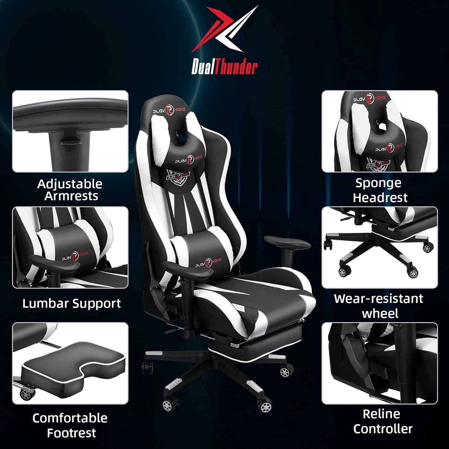 Ergonomic Gaming Chair with Footrest and Lumbar Support, High Back Office Chair for Teens and Adults, White