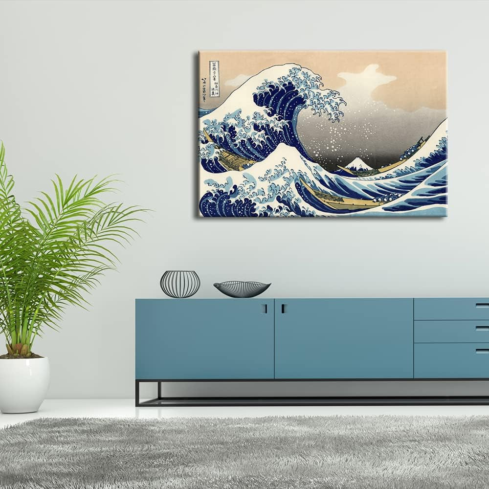 Great Wave of Kanagawa by Katsushika Hokusai - Giclee Canvas Print, Abstract Seascape Wall Art for Living Room, Large Modern Stretched and Framed Sea Artwork