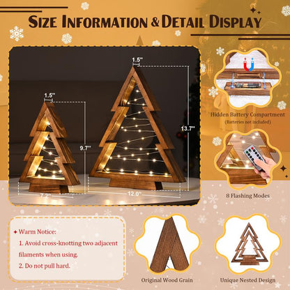 Modern Farmhouse Wooden Christmas Tree Set of 2 with Lights for Tabletop Mantel & Shelf Bedroom Decor Perfect Gift