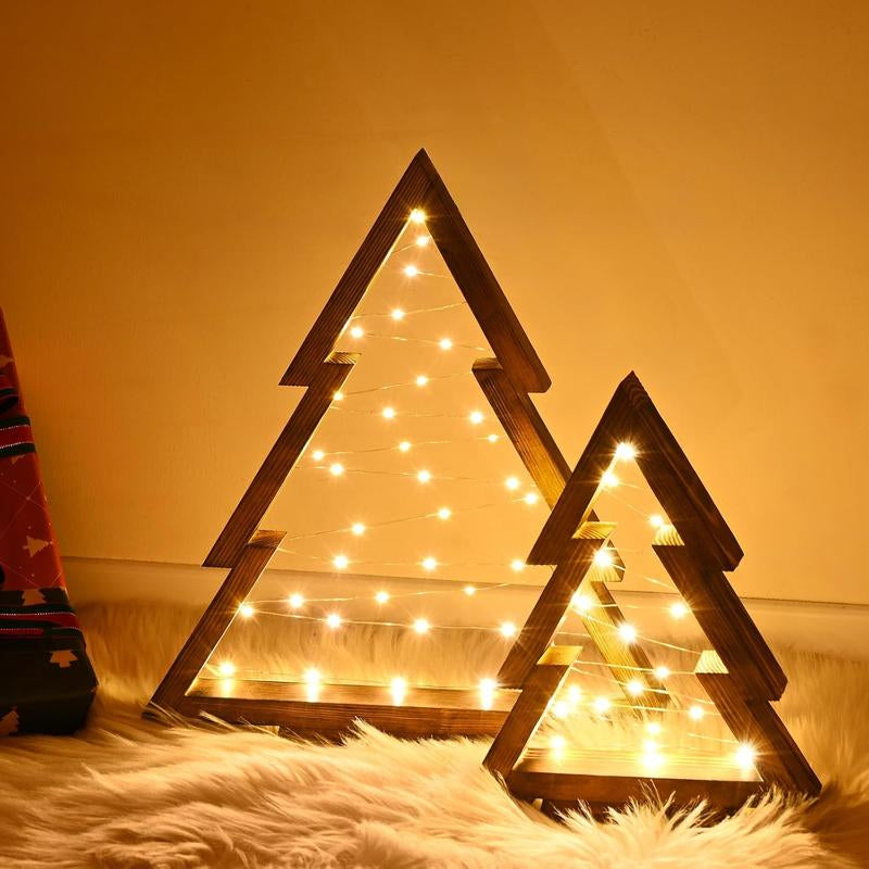 Modern Farmhouse Wooden Christmas Tree Set of 2 with Lights for Tabletop Mantel & Shelf Bedroom Decor Perfect Gift