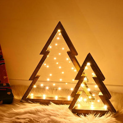 Modern Farmhouse Wooden Christmas Tree Set of 2 with Lights for Tabletop Mantel & Shelf Bedroom Decor Perfect Gift