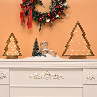 Modern Farmhouse Wooden Christmas Tree Set of 2 with Lights for Tabletop Mantel & Shelf Bedroom Decor Perfect Gift