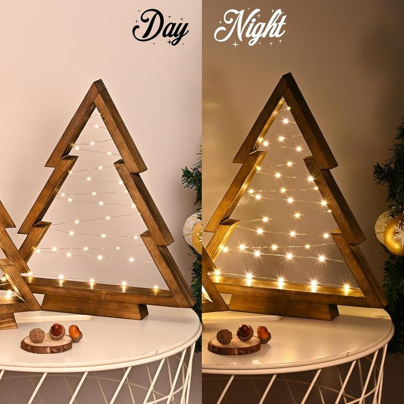 Modern Farmhouse Wooden Christmas Tree Set of 2 with Lights for Tabletop Mantel & Shelf Bedroom Decor Perfect Gift