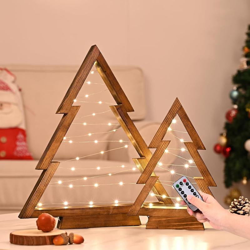 Modern Farmhouse Wooden Christmas Tree Set of 2 with Lights for Tabletop Mantel & Shelf Bedroom Decor Perfect Gift