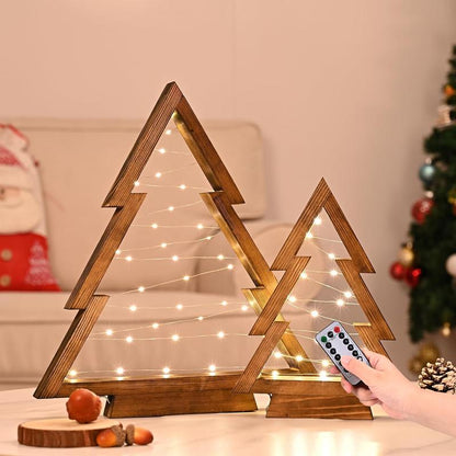 Modern Farmhouse Wooden Christmas Tree Set of 2 with Lights for Tabletop Mantel & Shelf Bedroom Decor Perfect Gift